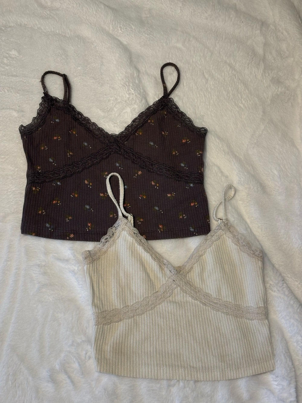 Set of 2 Lace Trim Ribbed Cami Tops - Brown Floral + Cream